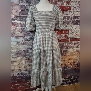 Zesica Gingham Check Smocked Peasant Style Dress